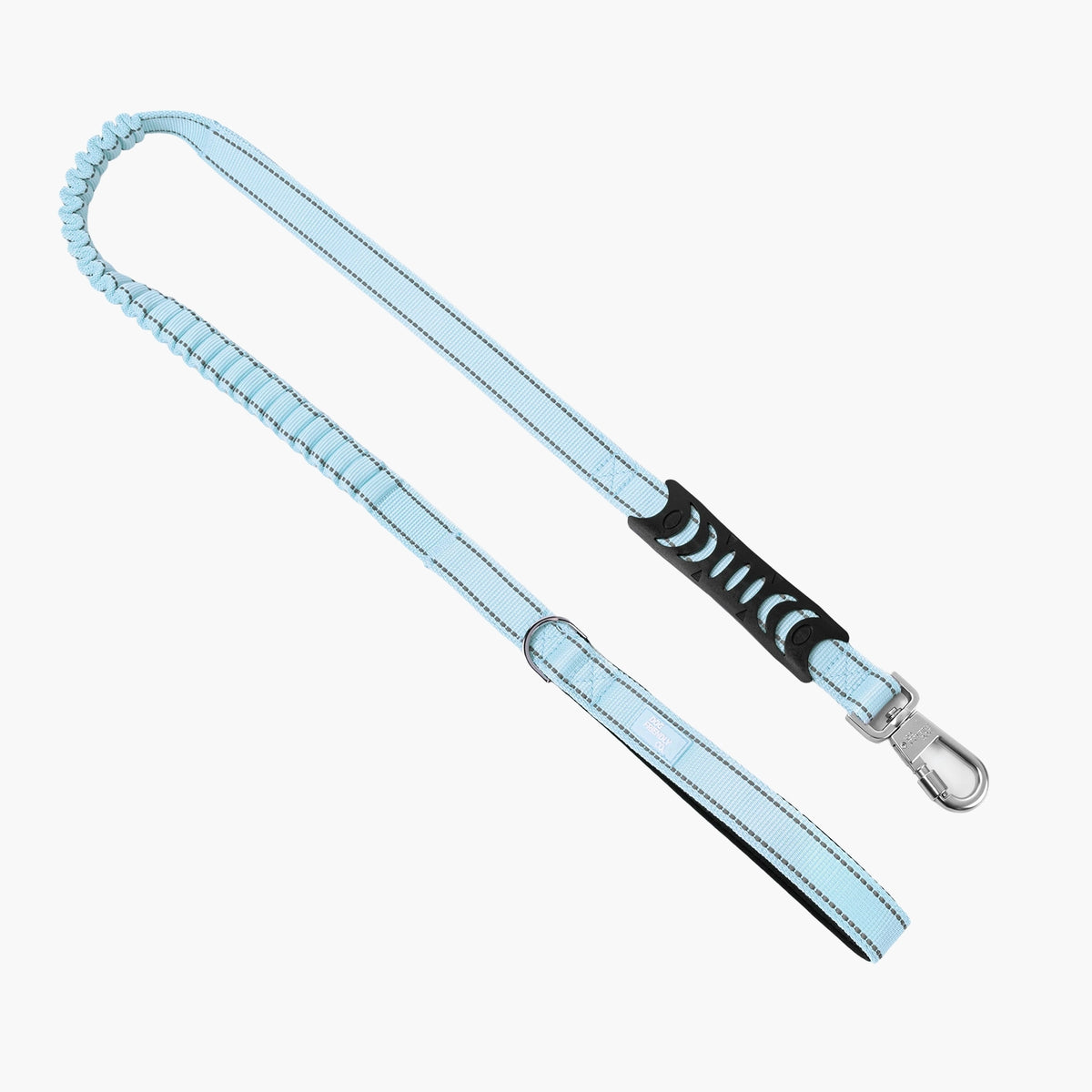 Sky blue bungee dog leash with padded handle, shock-absorbing bungee, D-ring and heavy-duty clip.