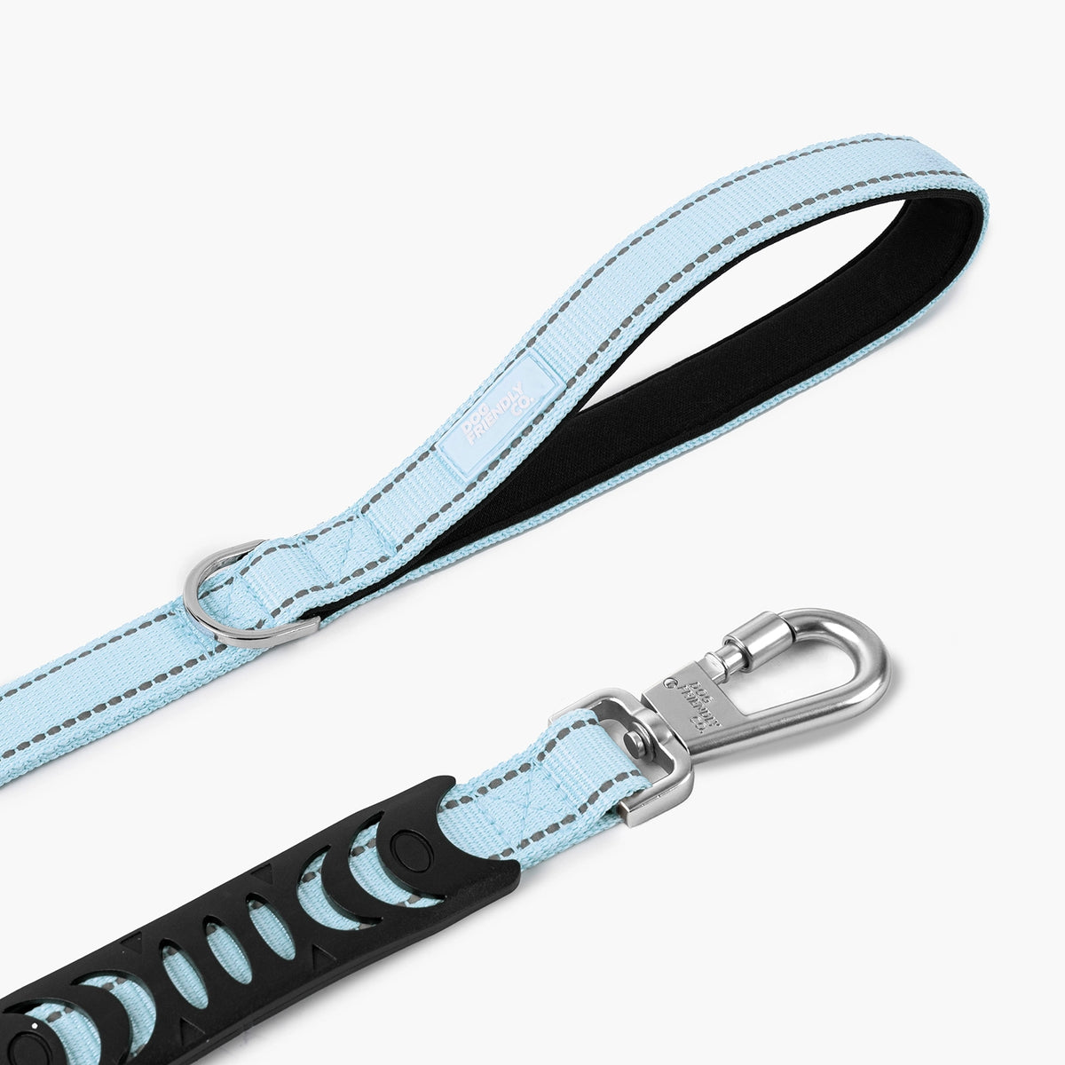 Sky blue bungee dog leash showing the reflective stitching, D-ring and metal clip.