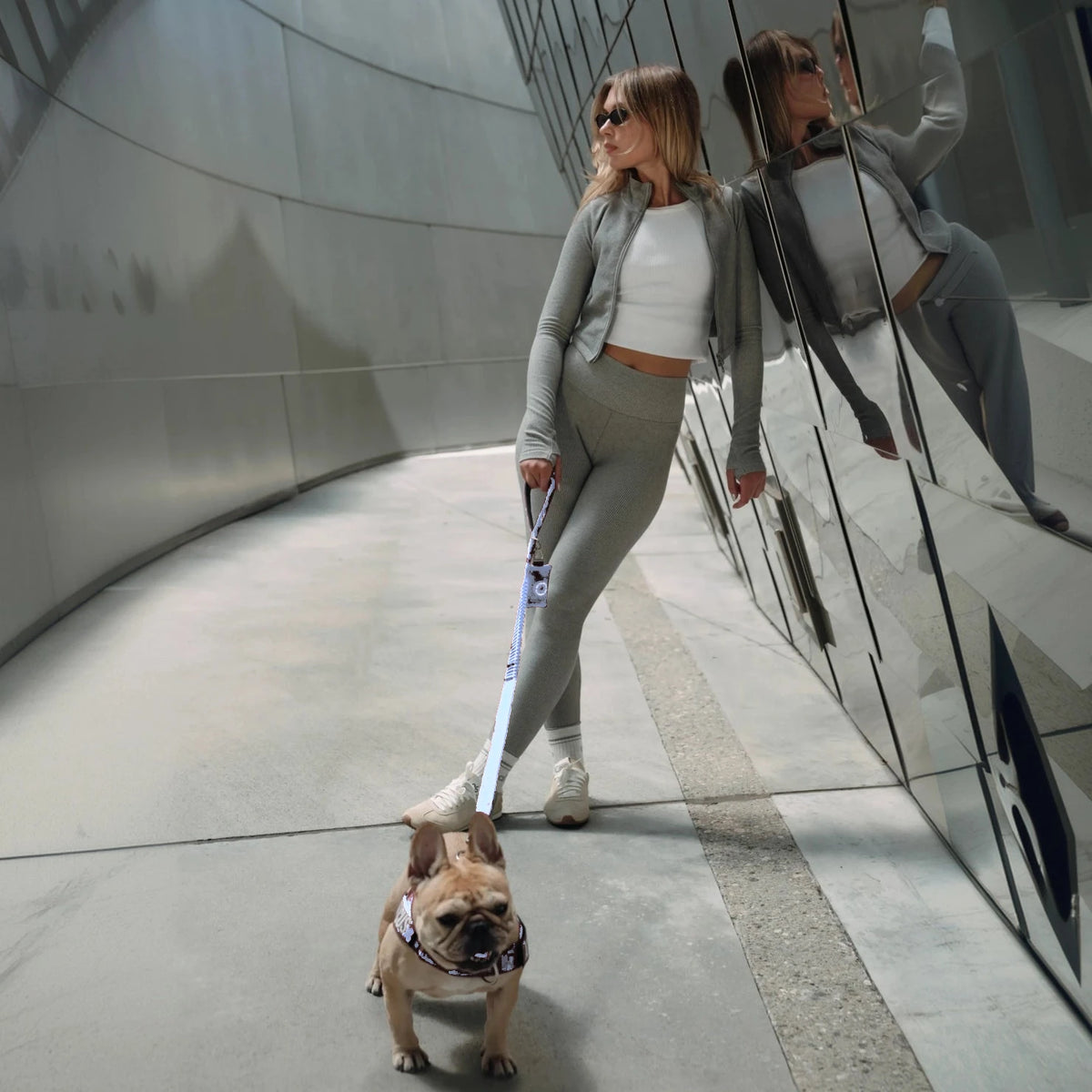 Woman walking a French bulldog on the Air bungee leash