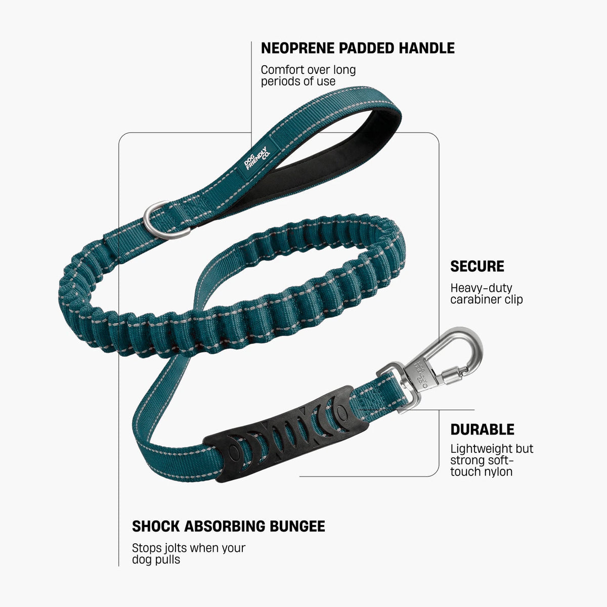 Forest bungee leash. Neoprene padded handle: comfort over long periods of use. Secure: heavy-duty carabiner clip. Durable: lightweight but strong soft-touch nylon. Shock absorbing bungee: stops jolts when your dog pulls.
