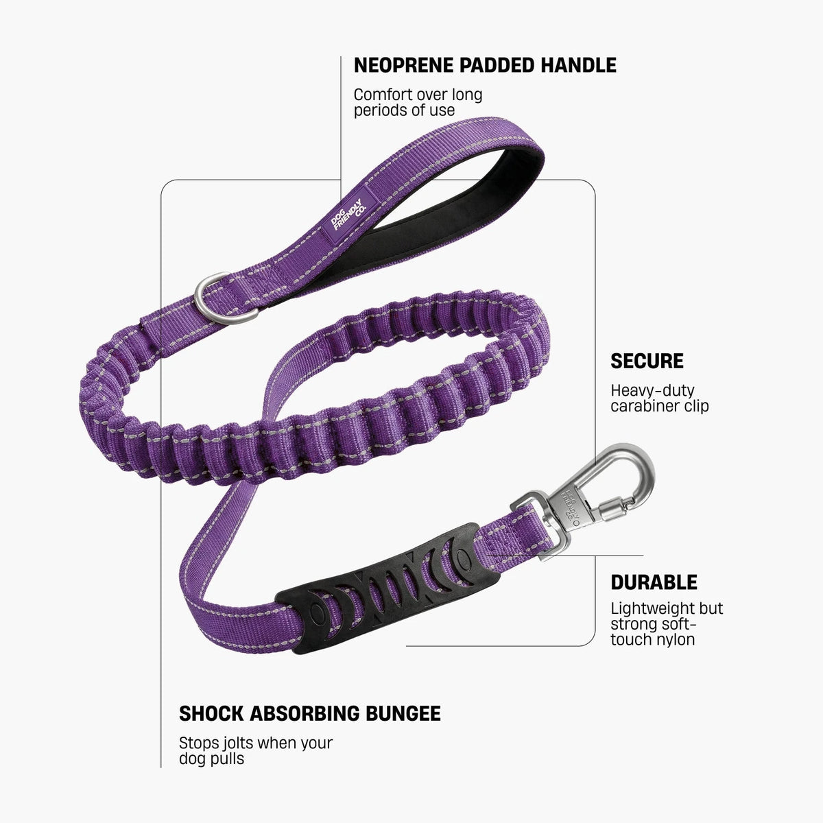 Indigo bungee leash. Neoprene padded handle: comfort over long periods of use. Secure: heavy-duty carabiner clip. Durable: lightweight but strong soft-touch nylon. Shock absorbing bungee: stops jolts when your dog pulls.