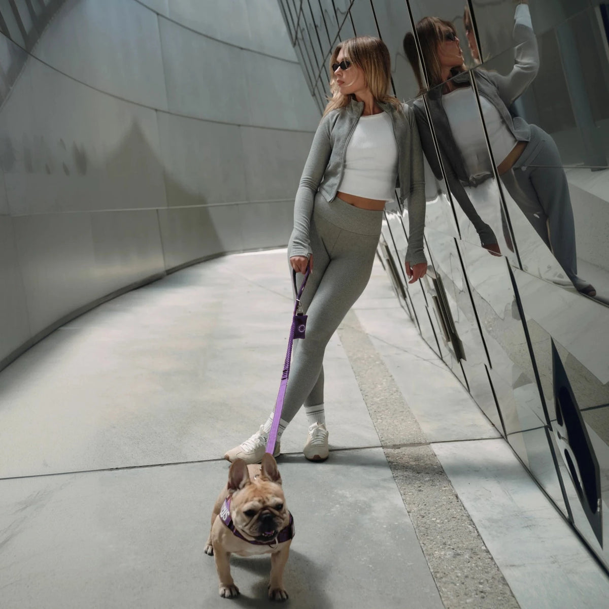 Woman walking a French bulldog on the Indigo bungee leash