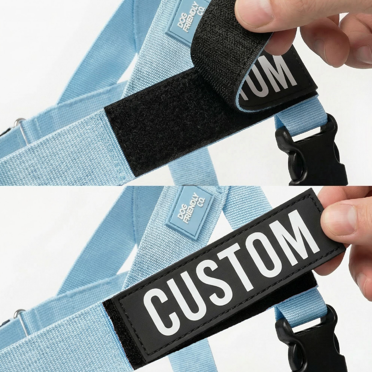 Sky Blue Dog Lovers Pack custom name patch showing how the patch attaches to the dog harness.