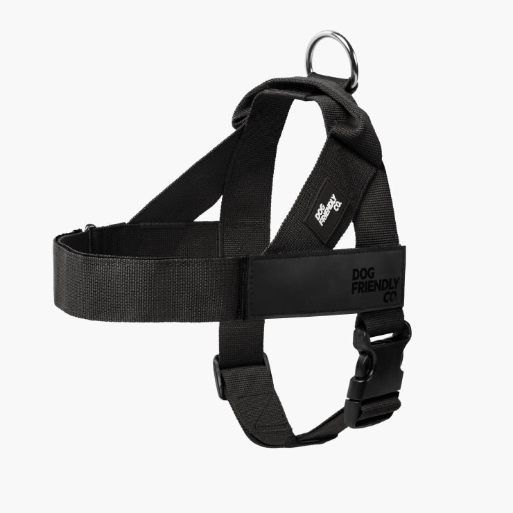 Black no-pull dog harness with a metal top D-ring, quick release side buckle and a blank Velcro name patch panel