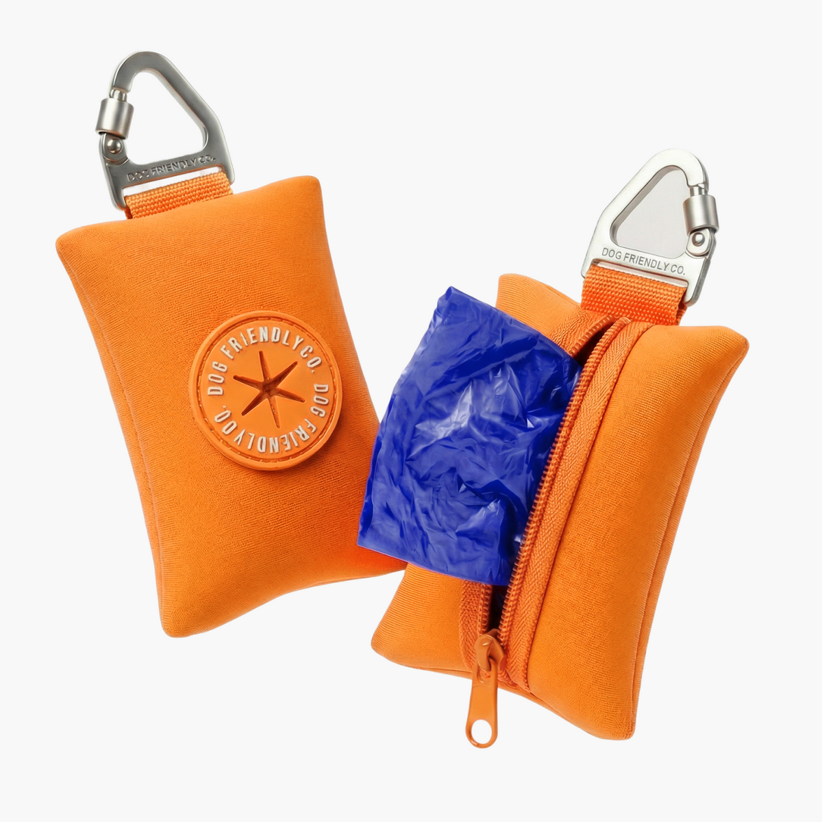 Orange poop bag holder showing secure leash clip, easy pull-out opening, water-resistant neoprene fabric, and compact lightweight design