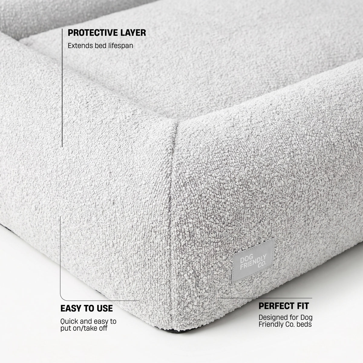 Grey bouclé replacement cover labeled with protective layer, easy to use, and perfect fit features.