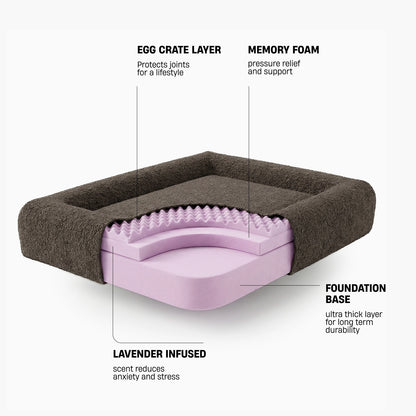 EGG CRATE LAYER – Protects joints for a lifestyle; MEMORY FOAM – Pressure relief and support; FOUNDATION BASE – Ultra thick layer for long term durability; LAVENDER INFUSED – Scent reduces anxiety and stress.