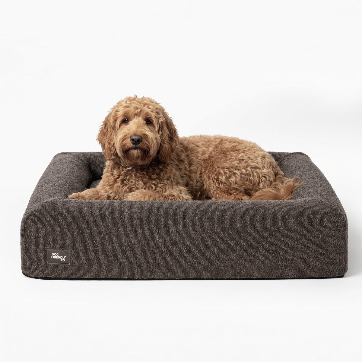 Premium Orthopedic Memory Foam Dog Bed in Brown Bouclé with a brown dog resting inside.