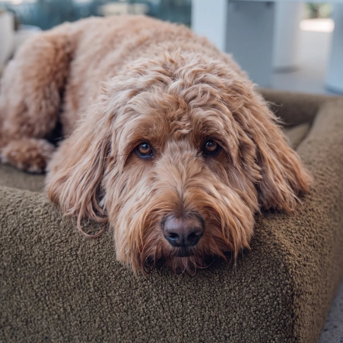Close-up of a brown dog resting comfortably on the Brown Bouclé orthopedic memory foam dog bed.
