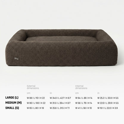 Bed size chart in centimetres and inches, width by length by height. Large: external 88 by 110 by 22, internal 64 by 86 by 14. Medium: external 80 by 100 by 22, internal 56 by 76 by 14. Small: external 65 by 80 by 18, internal 41 by 56 by 10.