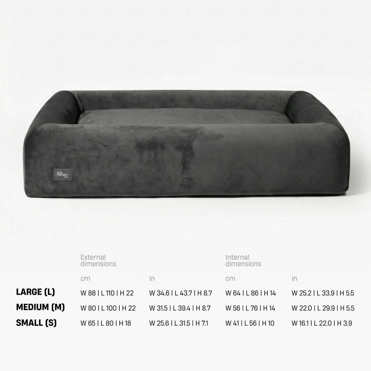 Bed size chart in centimetres, width by length by height. Large: external 88 by 110 by 22, internal 64 by 86 by 14. Medium: external 80 by 100 by 22, internal 56 by 76 by 14. Small: external 65 by 80 by 18, internal 41 by 56 by 10.