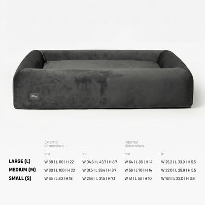 Bed size chart in centimetres, width by length by height. Large: external 88 by 110 by 22, internal 64 by 86 by 14. Medium: external 80 by 100 by 22, internal 56 by 76 by 14. Small: external 65 by 80 by 18, internal 41 by 56 by 10.