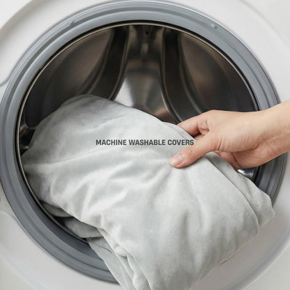 Grey dog bed cover being removed for machine washing.