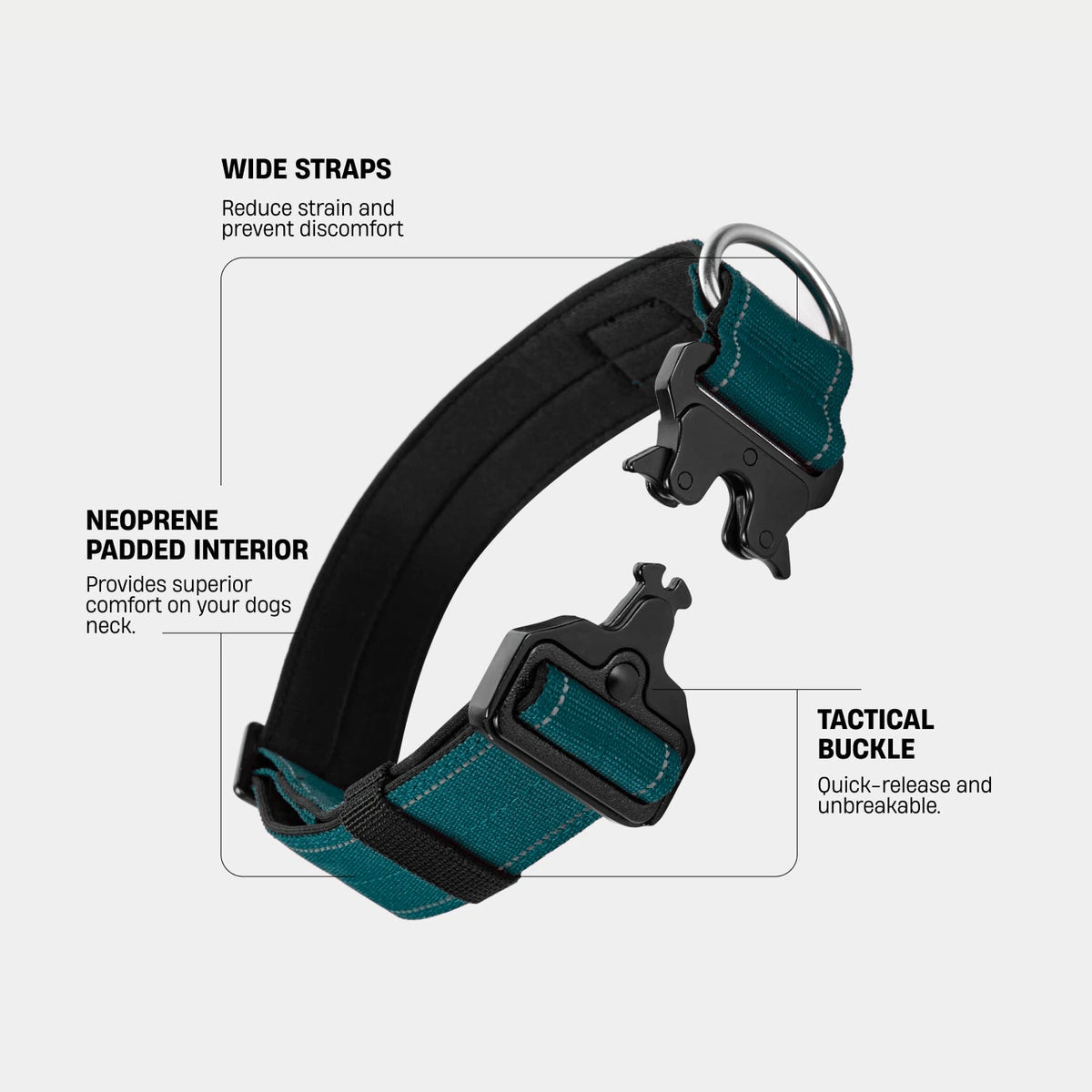 Forest tactical collar. Wide straps reduce strain and prevent discomfort. Neoprene padded interior gives superior comfort on your dog's neck. Tactical buckle: quick-release and unbreakable.