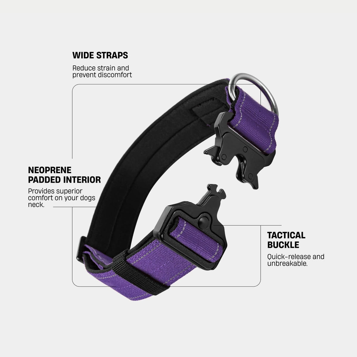 Indigo tactical collar. Wide straps reduce strain and prevent discomfort. Neoprene padded interior gives superior comfort on your dog's neck. Tactical buckle: quick-release and unbreakable.