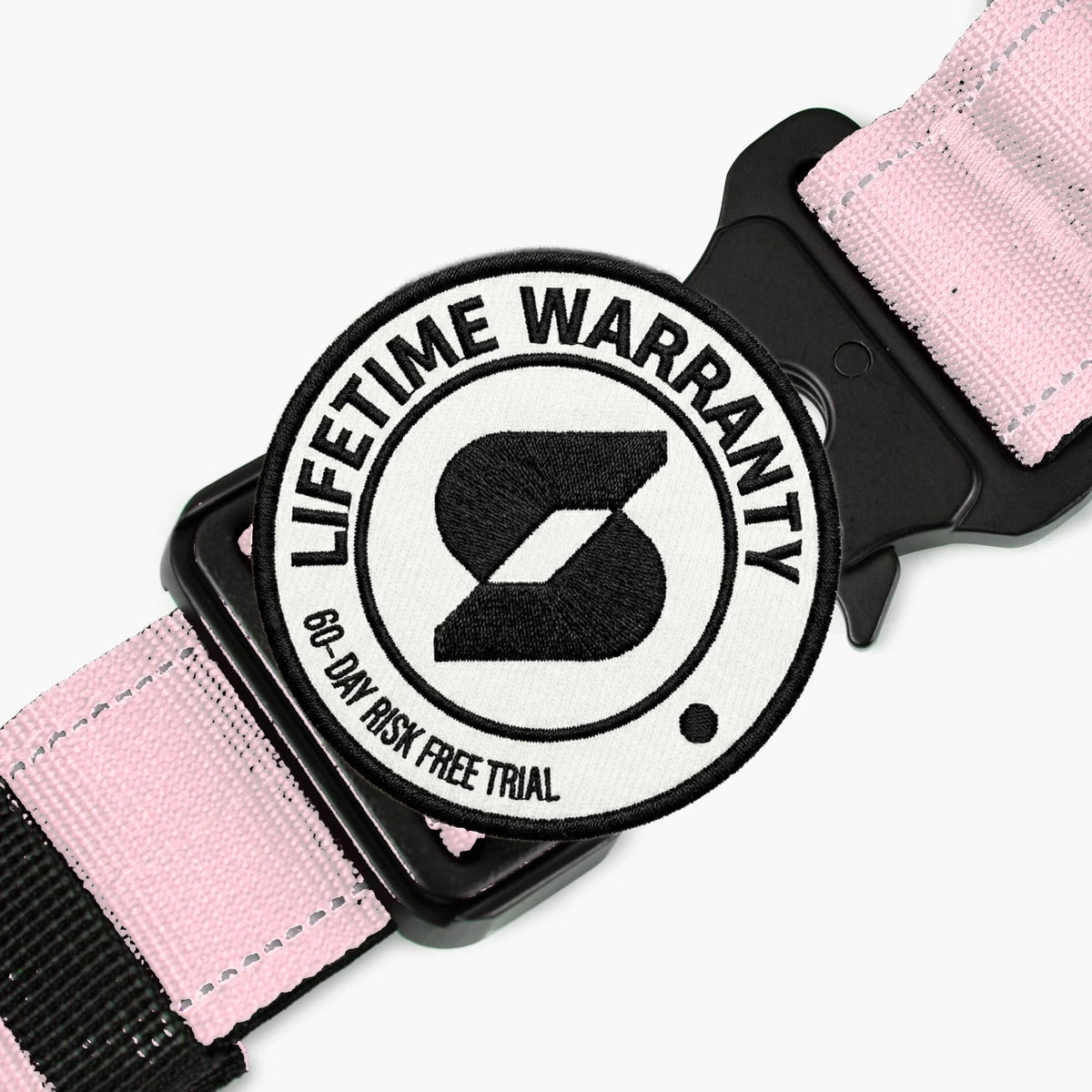Lifetime Warranty, 60-day risk free trial badge over the Sakura tactical collar buckle