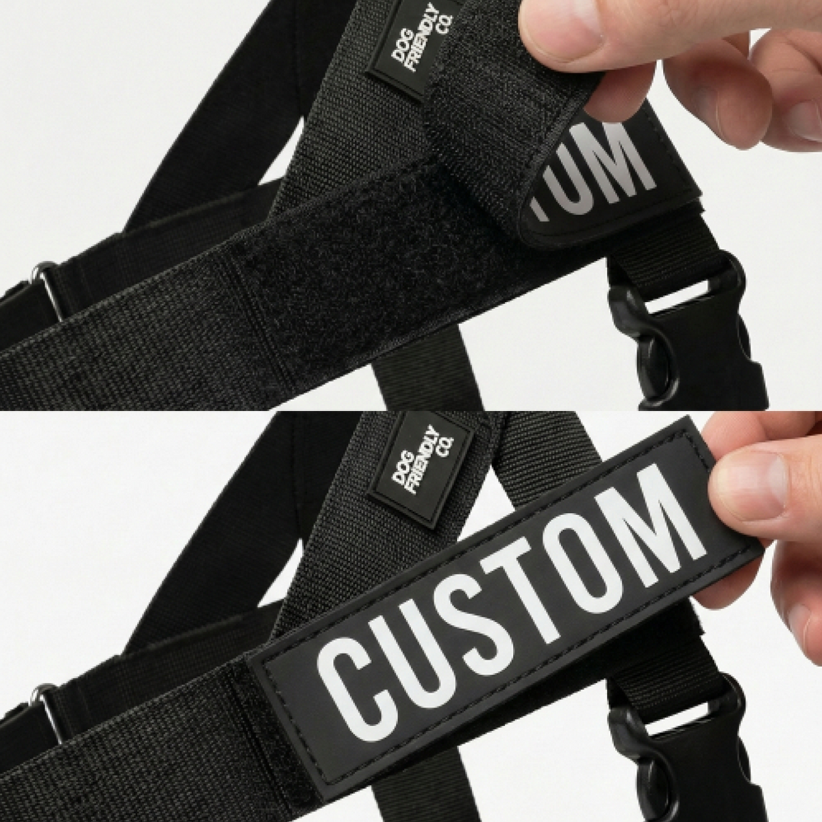 Images showing where to attach the custom name patch on the harness.
