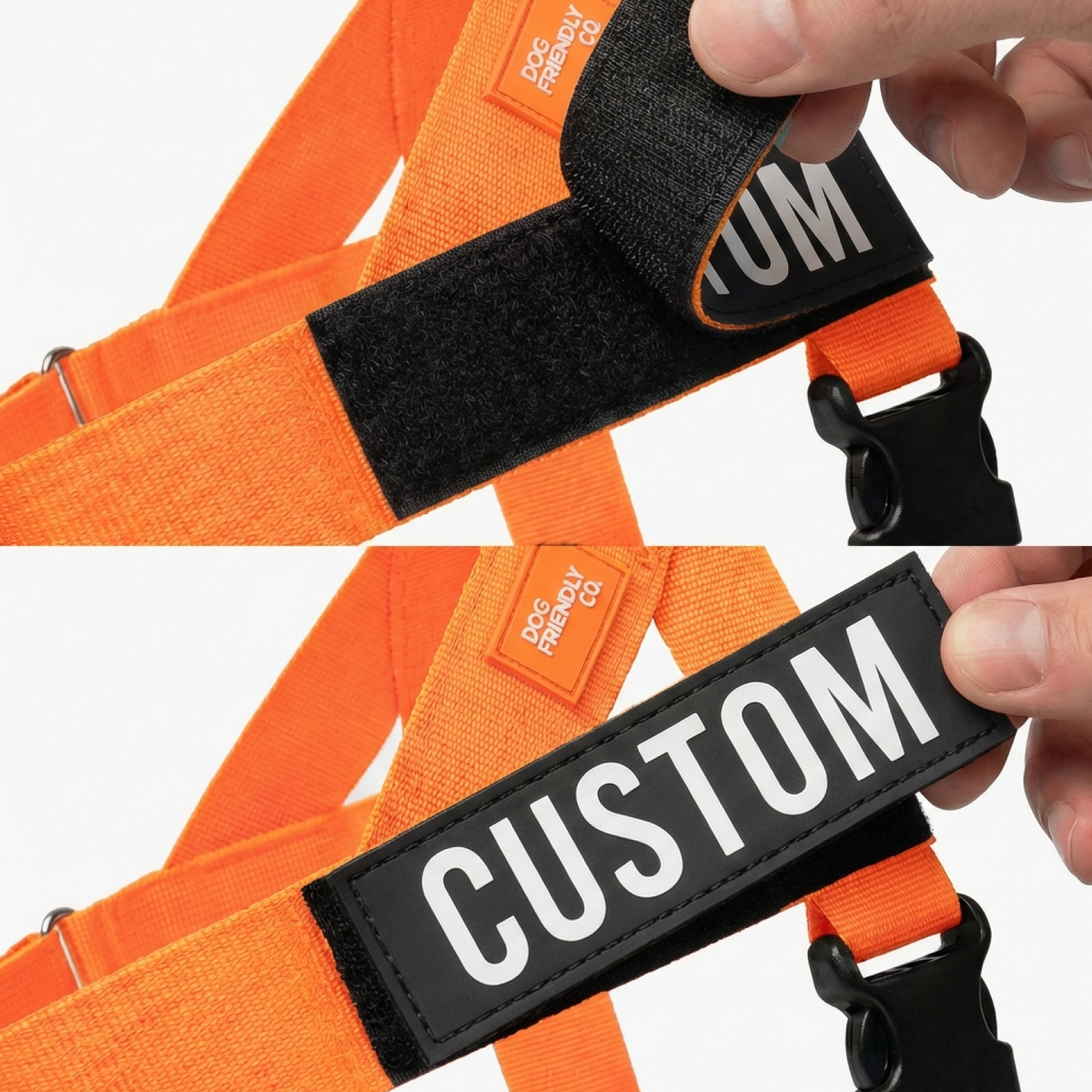 Images showing where to attach the custom name patch on the harness.