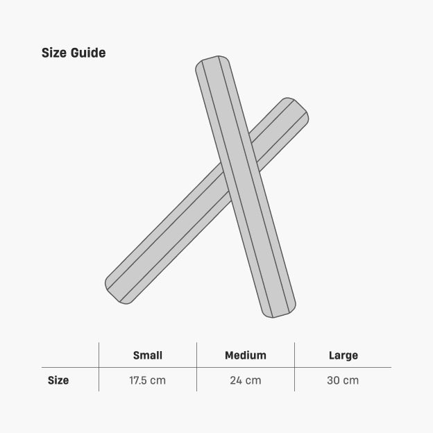 Fetch Stick size guide showing Small at 17.5 cm, Medium at 24 cm, and Large at 30 cm.